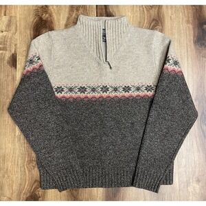 Woolrich 1/4 Zip Sweater M Women's 100% Lambs Wool Fair Isle Gray Pullover